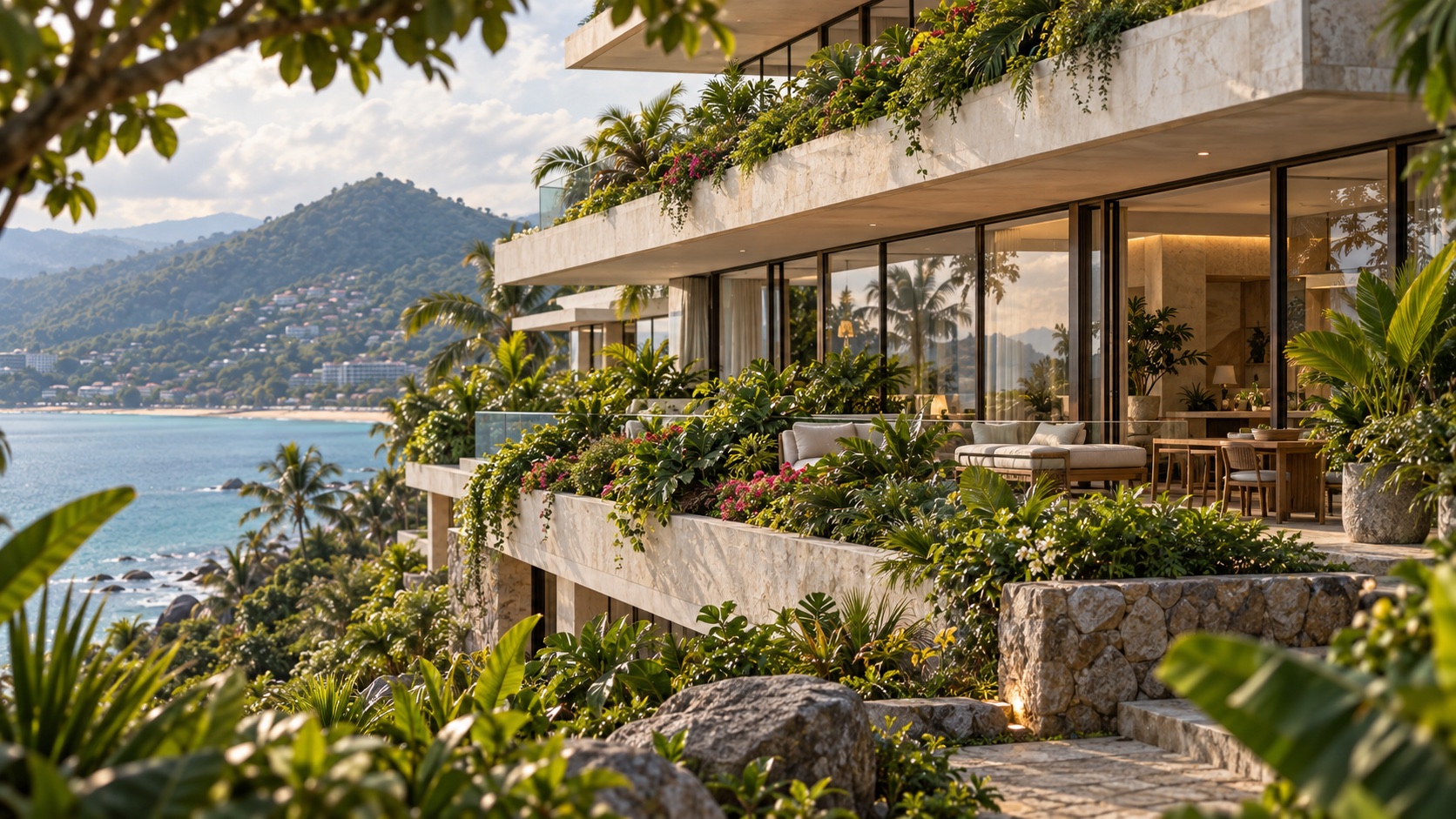 Close view of pale stone, glazed rooms and tropical planting on a sea-facing terrace