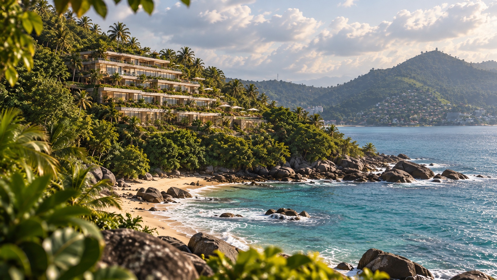 Amaranth residence visualised from a shoreline path across a rocky cove