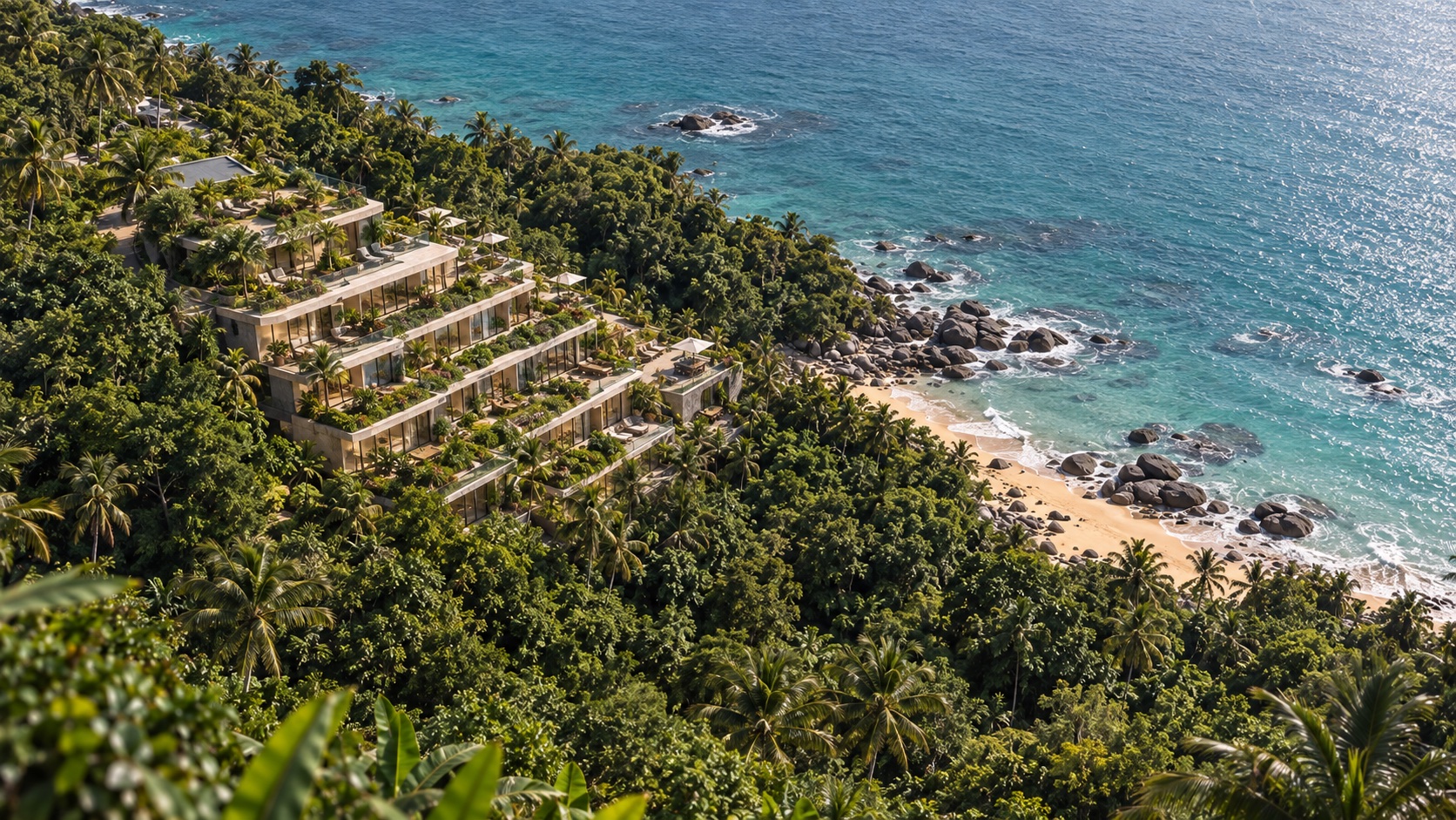 High oblique view over the planted roof terraces toward the sea
