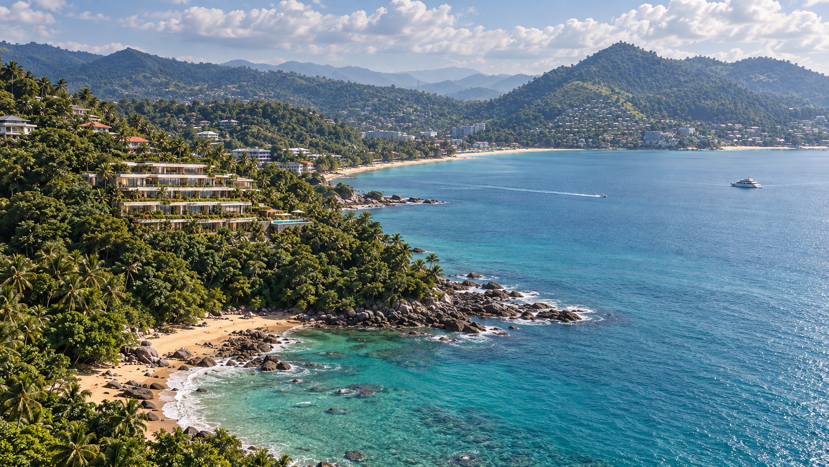 Wide aerial visualisation placing Amaranth within a Kamala-inspired bay and tropical hillside