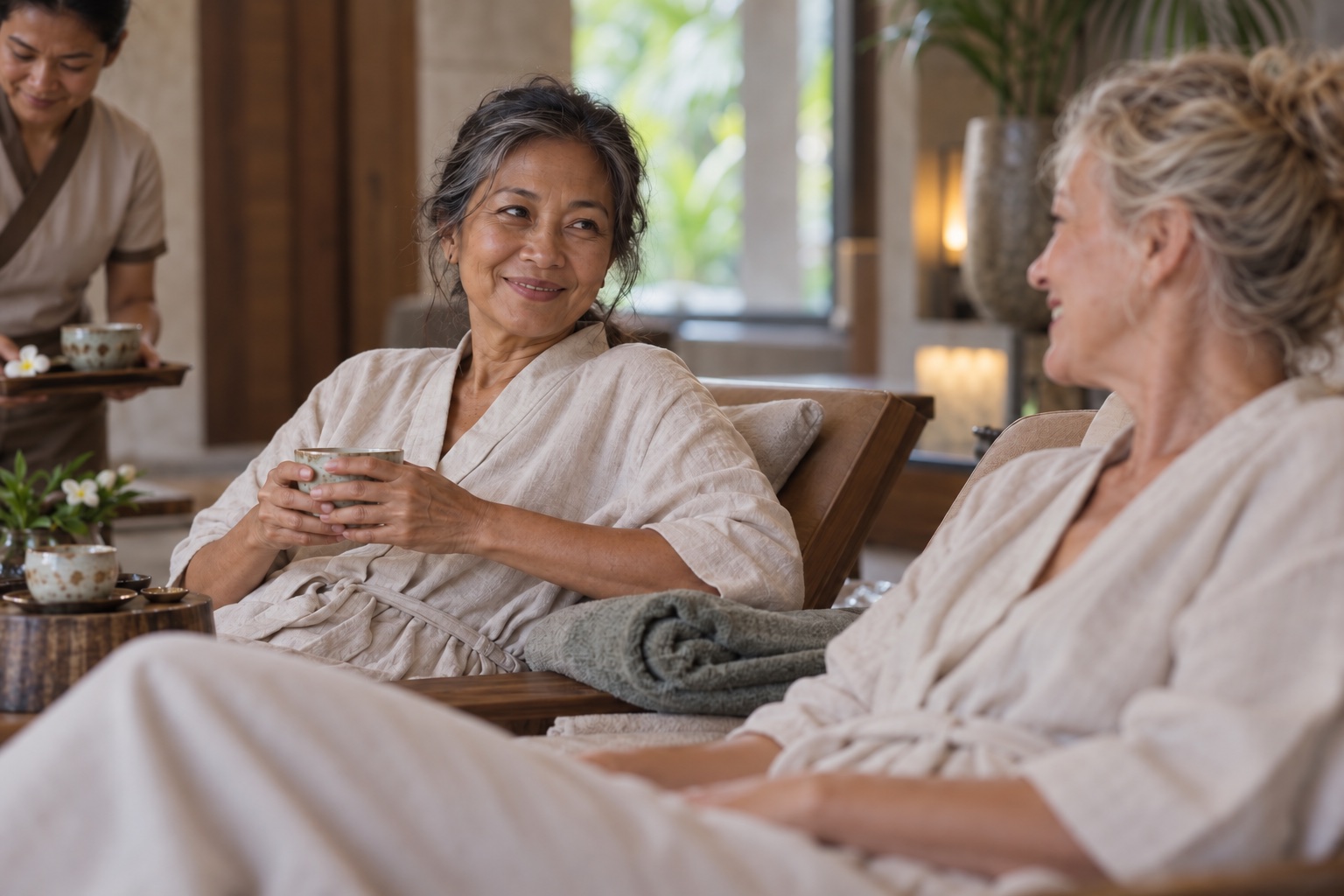 Thai and international mature guests relaxing together in a tranquil spa setting